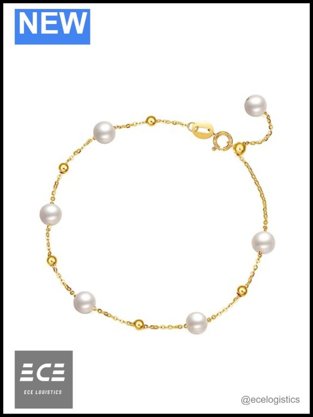 18K Gold Link Bracelet Pearl Bead Dainty Adjustable Stackable Women's Jewelry